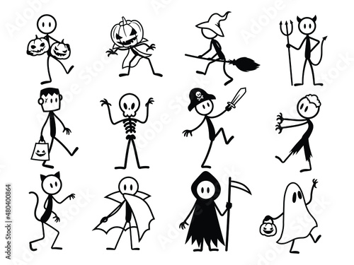 Set of halloween stick figure. Collection of stick figure in creepy costume of ghost, frankenstein, with pumpkin face etc. Trick or treat. Vector illustration on white background.