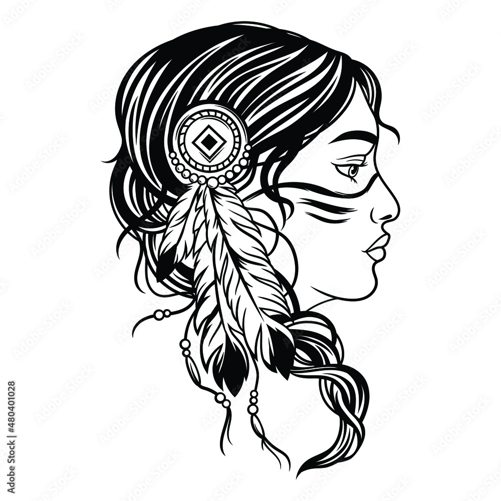 Illustration of Native american woman. Portrait of a beautiful girl