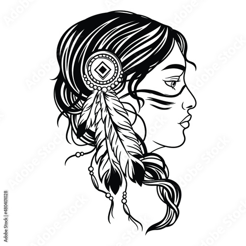 Illustration of Native american woman. Portrait of a beautiful girl with braids. Tribal warrior. Print for t-shirt. Profile of female indian face with feathers.