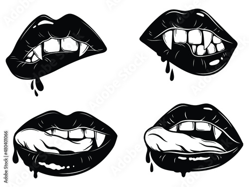 Set of vampire girl lips with fangs and drops of blood. Collection of woman mouth biting lower lip. Sexy female lips. Design for Halloween. Vector illustration isolated on white background.