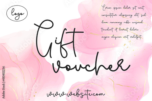Rose pink liquid watercolor background with golden dots. Dusty blush marble alcohol ink drawing effect. Vector illustration design template for wedding invitation or gift voucher
