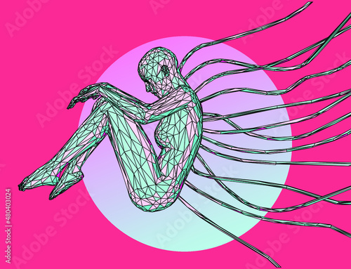 Low poly human in a fetal pose with wires coming from the body. 3D vector illustration.