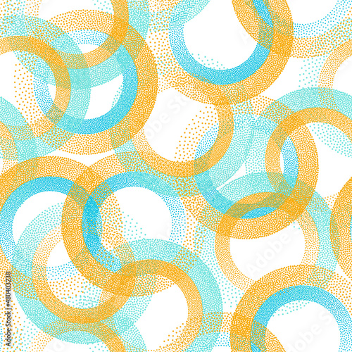 Circle ring shapes of dots contemporary vector seamless pattern.