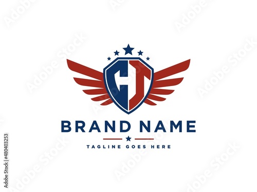 Letter CT with american eagle wing emblem. Flying hawk wings shield vector design element. Good for mascot, sport Team, patriotic logo template