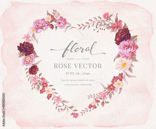 Beautiful Rose Flower and botanical leaf heart shape watercolor digital painted illustration for love wedding valentines day or arrangement invitation design greeting card