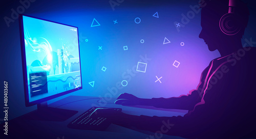 Vector Illustration Gamer Kid Play Comuter Game