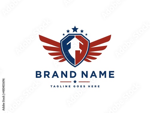 Letter FE with american eagle wing emblem. Flying hawk wings shield vector design element. Good for mascot, sport Team, patriotic logo template