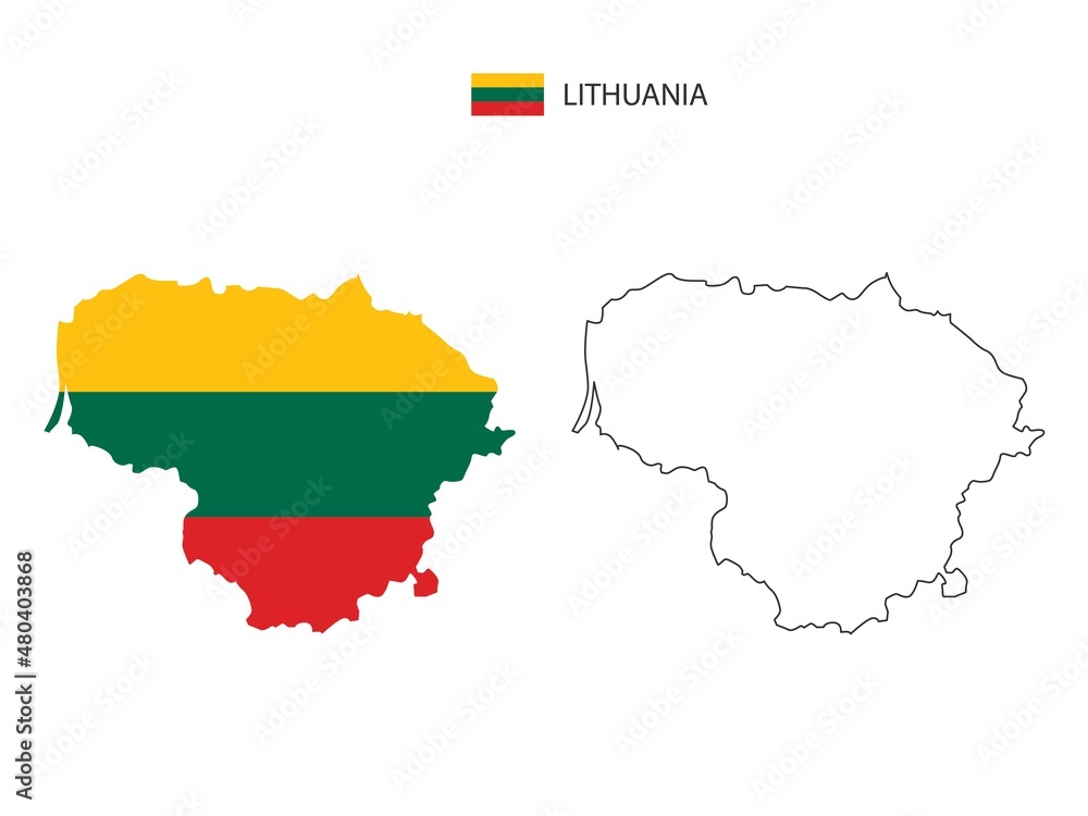 Lithuania map city vector divided by outline simplicity style. Have 2 versions, black thin line version and color of country flag version. Both map were on the white background.