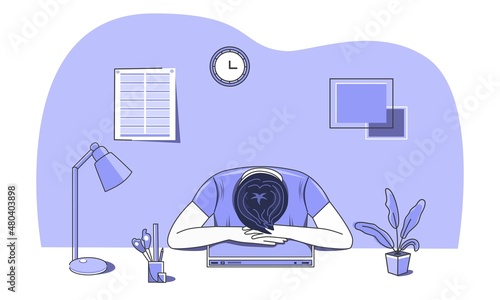 Fatigue from strenuous work. The office worker sleeps in the workplace. The concept of a person's physical condition during work. Health and medicine. Freelancing. Stress. Apathy. Insomnia. Vector.