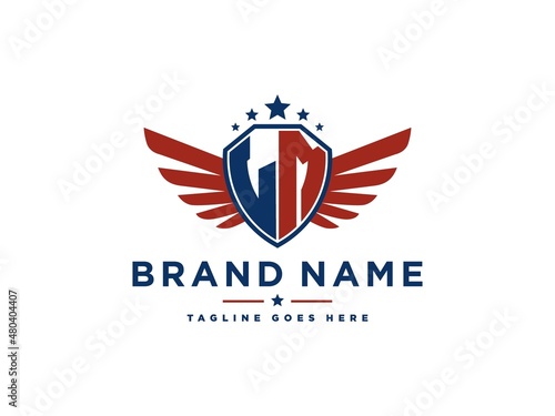 Letter LM with american eagle wing emblem. Flying hawk wings shield vector design element. Good for mascot, sport Team, patriotic logo template