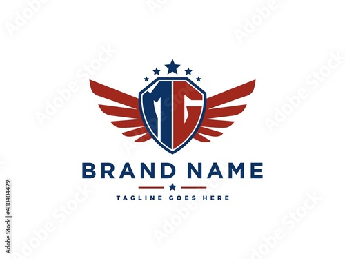 Letter MG with american eagle wing emblem. Flying hawk wings shield vector design element. Good for mascot, sport Team, patriotic logo template