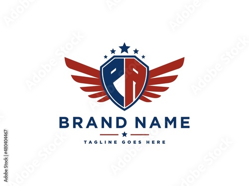 Letter PA with american eagle wing emblem. Flying hawk wings shield vector design element. Good for mascot, sport Team, patriotic logo template