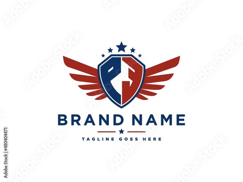 Letter PE with american eagle wing emblem. Flying hawk wings shield vector design element. Good for mascot, sport Team, patriotic logo template