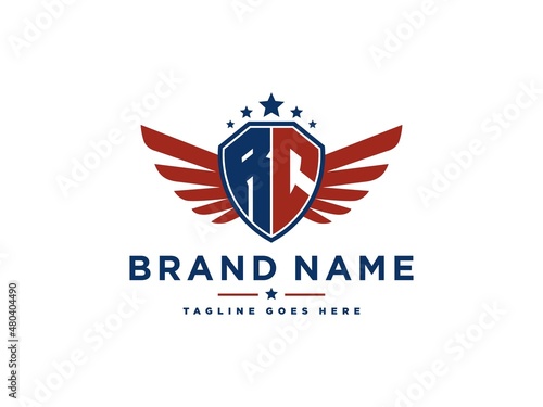 Letter RC with american eagle wing emblem. Flying hawk wings shield vector design element. Good for mascot, sport Team, patriotic logo template