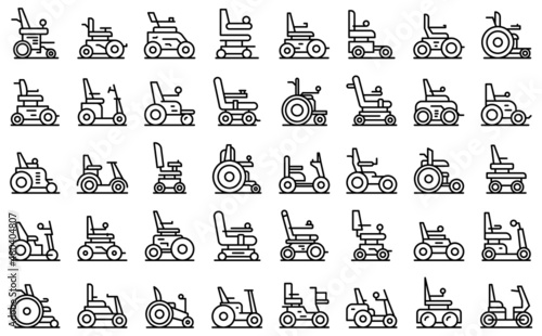 Electric wheelchair icons set outline vector. Adult battery