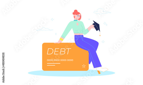 Student loan. Young girl with graduate cap sitting on a credit card upset with her education debt. Young money and financial problems. Flat cartoony llustration isolated on white background.