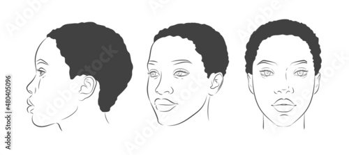 Vector African American woman face. Set of dark-skinned women portrait three different angles.