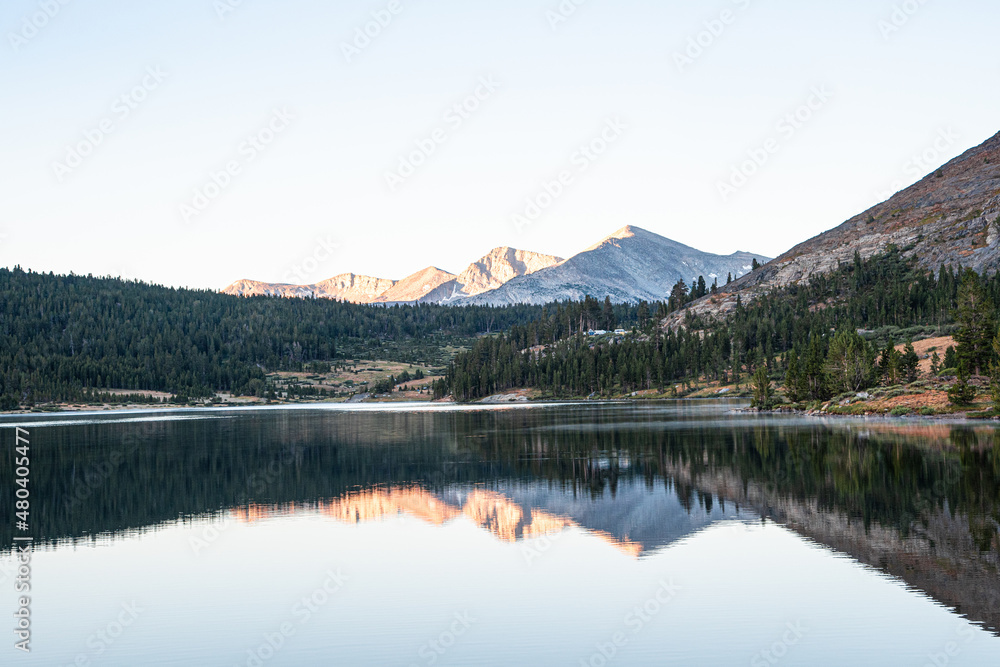Mountains Reflecting Into Pristine Lake, in Yosemite National Park California, During Dawn in the Summer