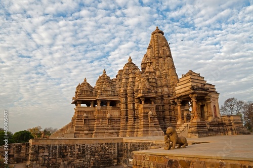 Kandariya Mahadeva Temple, dedicated to Shiva, Western Temples of Khajuraho under cloudy sky, Madya Pradesh, India. UNESCO heritage site.
