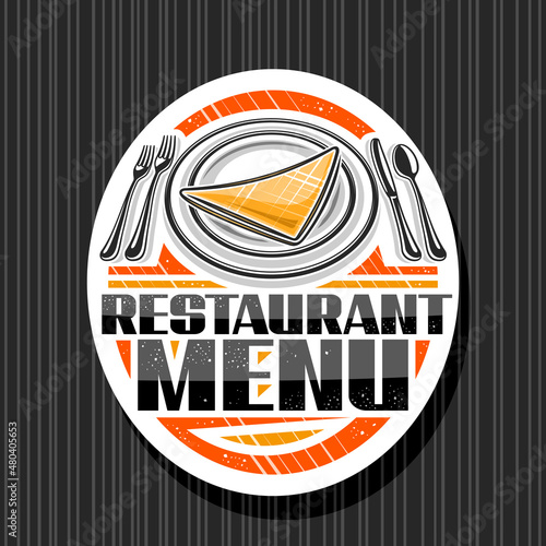 Vector logo for Restaurant Menu, white oval sticker with illustration of dish with napkin and silverware set top view, unique brush lettering for words restaurant menu on dark striped background