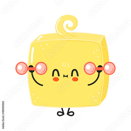 Cute funny butter character with dumbbells. Vector hand drawn cartoon kawaii character illustration icon. Isolated on white background. Happy butter character gym concept