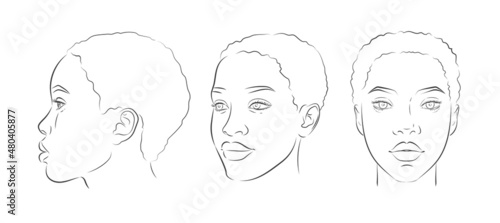 Vector African American woman face. Set of dark-skinned women portrait three different angles.