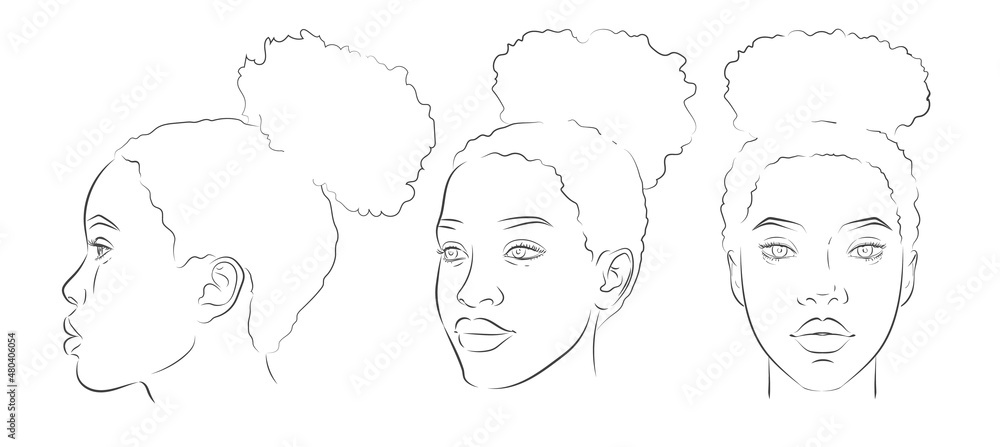 Vector African American woman face. Set of dark-skinned women portrait three different angles. Vector African American woman face. Set of dark-skinned women portrait three different angles.
