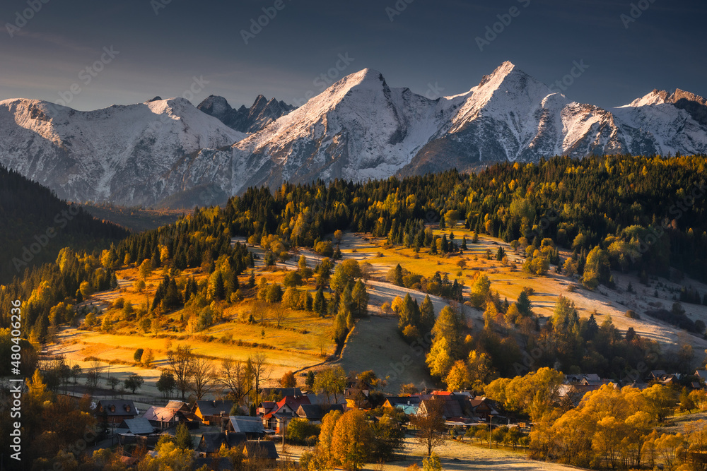 Autumn views of the Tatra Mountains from the surrounding hills. You can see the contrast between the snow above and the yellow leaves below.