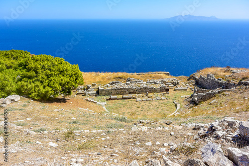 Ancient Thera housing ruins. Ancient city remains at the Messavouno (Mésa Vounó) mountain on Santorini island, Greece. photo