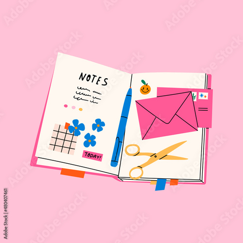 Open Notebook. Colorful organizer. Diary with stickers, bookmarks, notes, scissors, envelope, pen. Hand drawn modern Vector illustration. Isolated on pink background