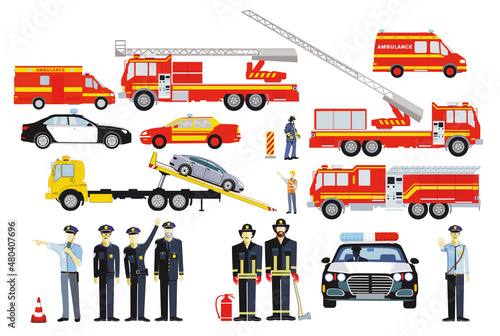 Feuerwehreinsatz und Polizeieinsatz mit Feuerwehrmänner und Polizisten, Illustration isoliert