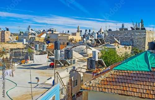 Obraz na plátně The Jerusalem roofs with water storage tanks, Jerusalem, Israel