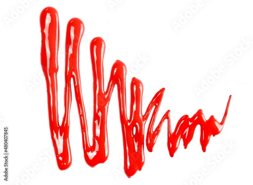 Spilled red paint, lines isolated on white background, top view