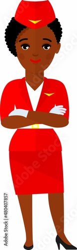 Flat cute cartoon stewardess of aircraft characters in air uniform.