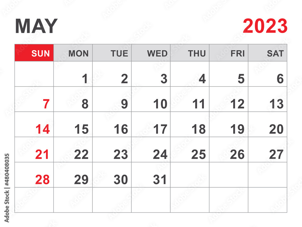 Calendar 2023 template, May 2023 layout, Printable minimalist monthly planner, Desk Calendar 2023 template, Wall calendar 2023 design, Week Start On Sunday, Stationery, printing, red color, vector Calendar 2023 template, May 2023 layout, Printable minimalist monthly planner, Desk Calendar 2023 template, Wall calendar 2023 design, Week Start On Sunday, Stationery, printing, red color, vector