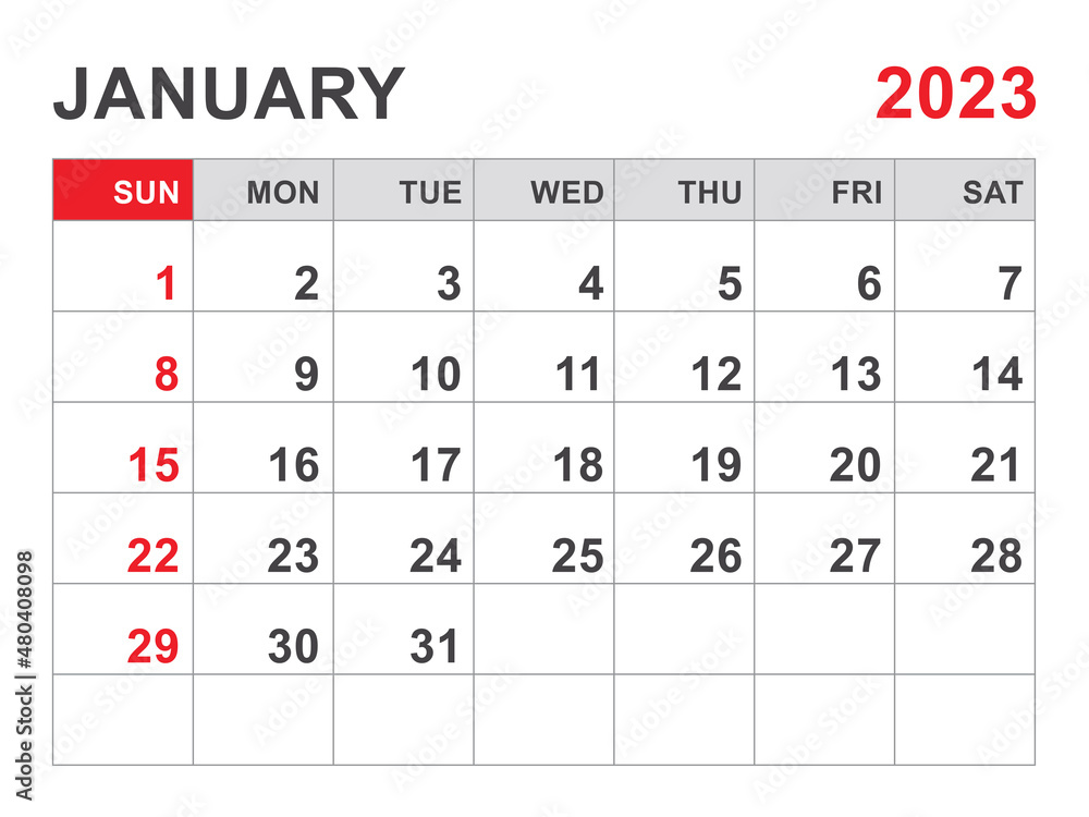 Calendar 2023 template, January 2023 layout, Printable minimalist monthly planner, Desk Calendar 2023 template, Wall calendar 2023 design, Week Start On Sunday, Stationery, printing, red color, vector Calendar 2023 template, January 2023 layout, Printable minimalist monthly planner, Desk Calendar 2023 template, Wall calendar 2023 design, Week Start On Sunday, Stationery, printing, red color, vector