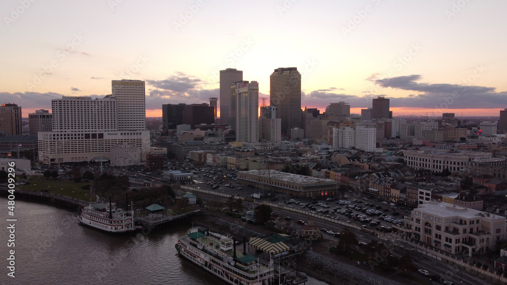 New Orleans City downtown skyline sunset
