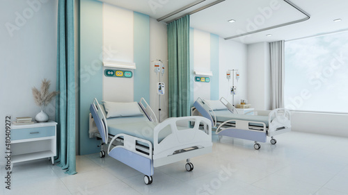 Hospital recovery room with beds.3d rendering