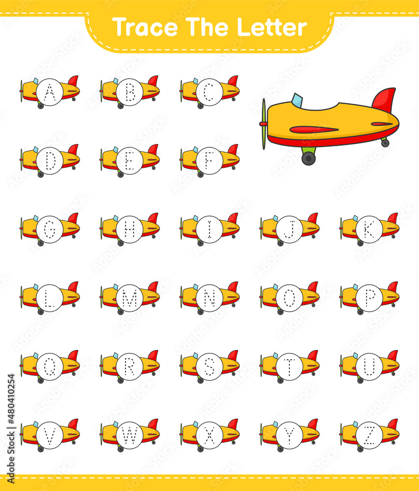 Trace the letter. Tracing letter alphabet with Plane. Educational children game, printable worksheet, vector illustration