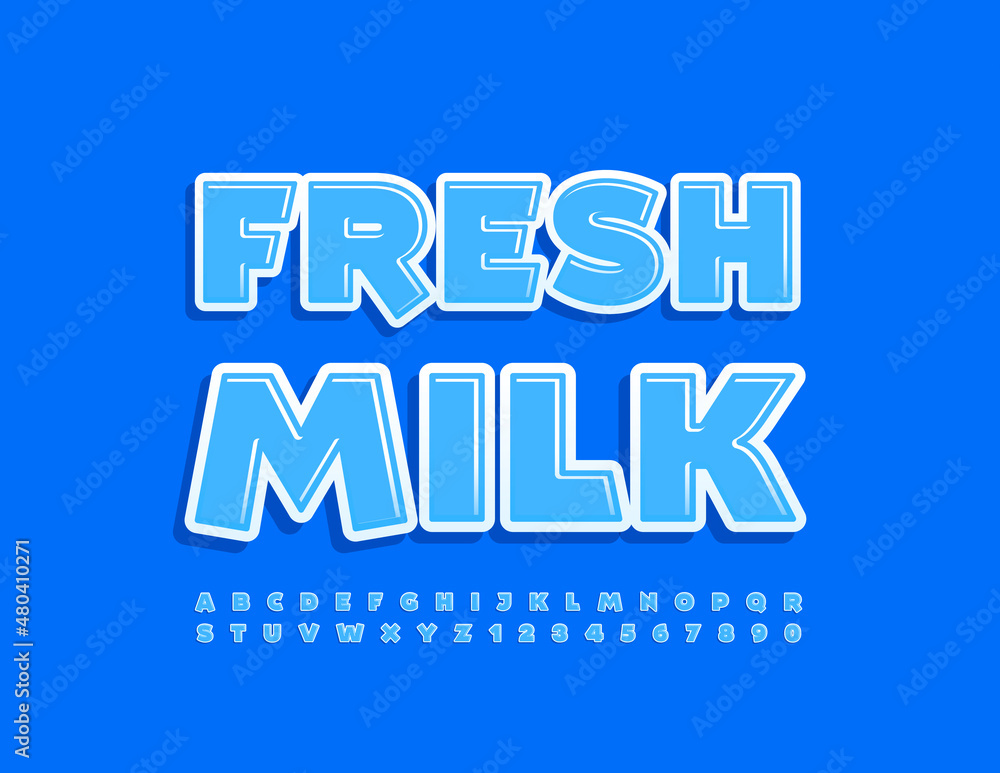 Vector product sign Fresh Milk. Light Blue Font. Set of creative Alphabet Letters and Numbers Vector product sign Fresh Milk. Light Blue Font. Set of creative Alphabet Letters and Numbers