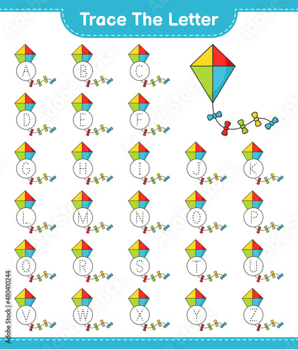 Trace the letter. Tracing letter alphabet with Kite. Educational children game, printable worksheet, vector illustration