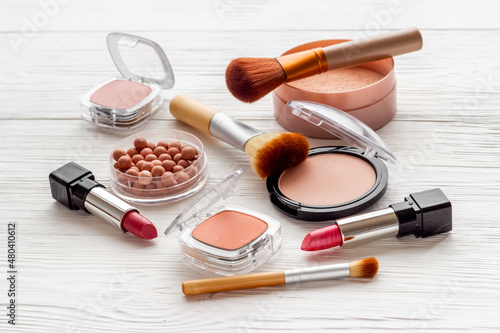 Beauty products set of makeup cosmetic with powder and brushes