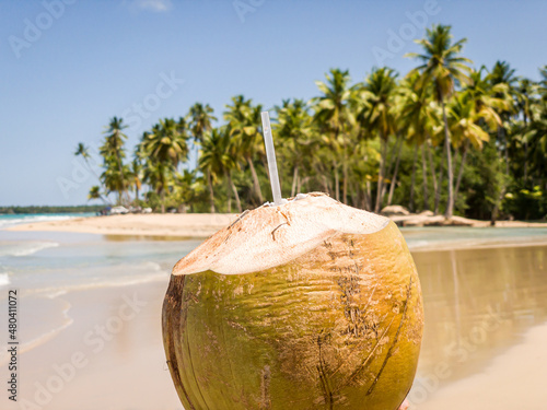 Fresh coconut drink at caribbean beach