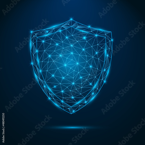 Futuristic glowing low polygonal security guard shield symbol. Antivirus sign with connection lighting dots. Cyber protection of safe concept. Vector isolated on dark blue background.