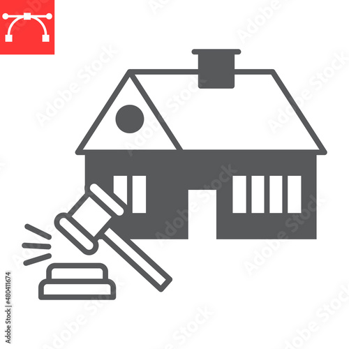 Real estate law glyph icon, judge and building, house vector icon, vector graphics, editable stroke solid sign, eps 10.