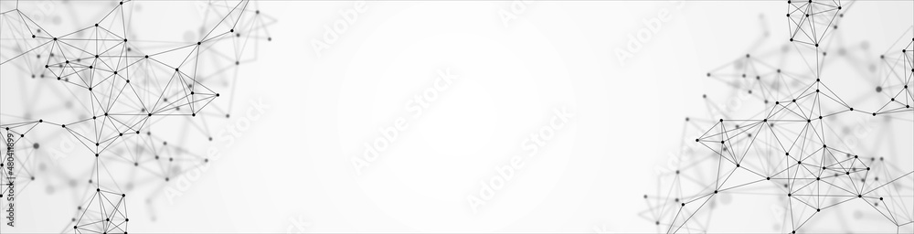 Obraz premium Vector halftone abstract background frame. The design of the destroyed grid, Digital connection, plexus. A pattern of lines, dots, circles. Poster technology, business, medicine, social networks.