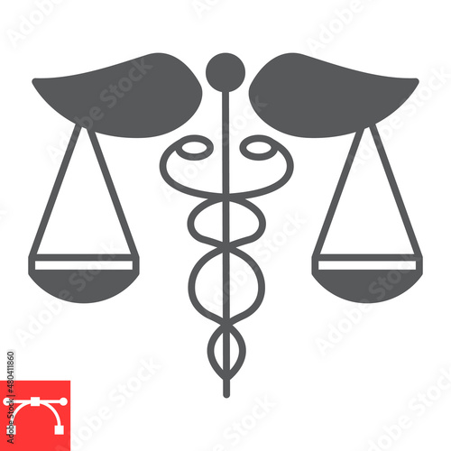 Health law glyph icon, medicine and justice, caduceus scale vector icon, vector graphics, editable stroke solid sign, eps 10.