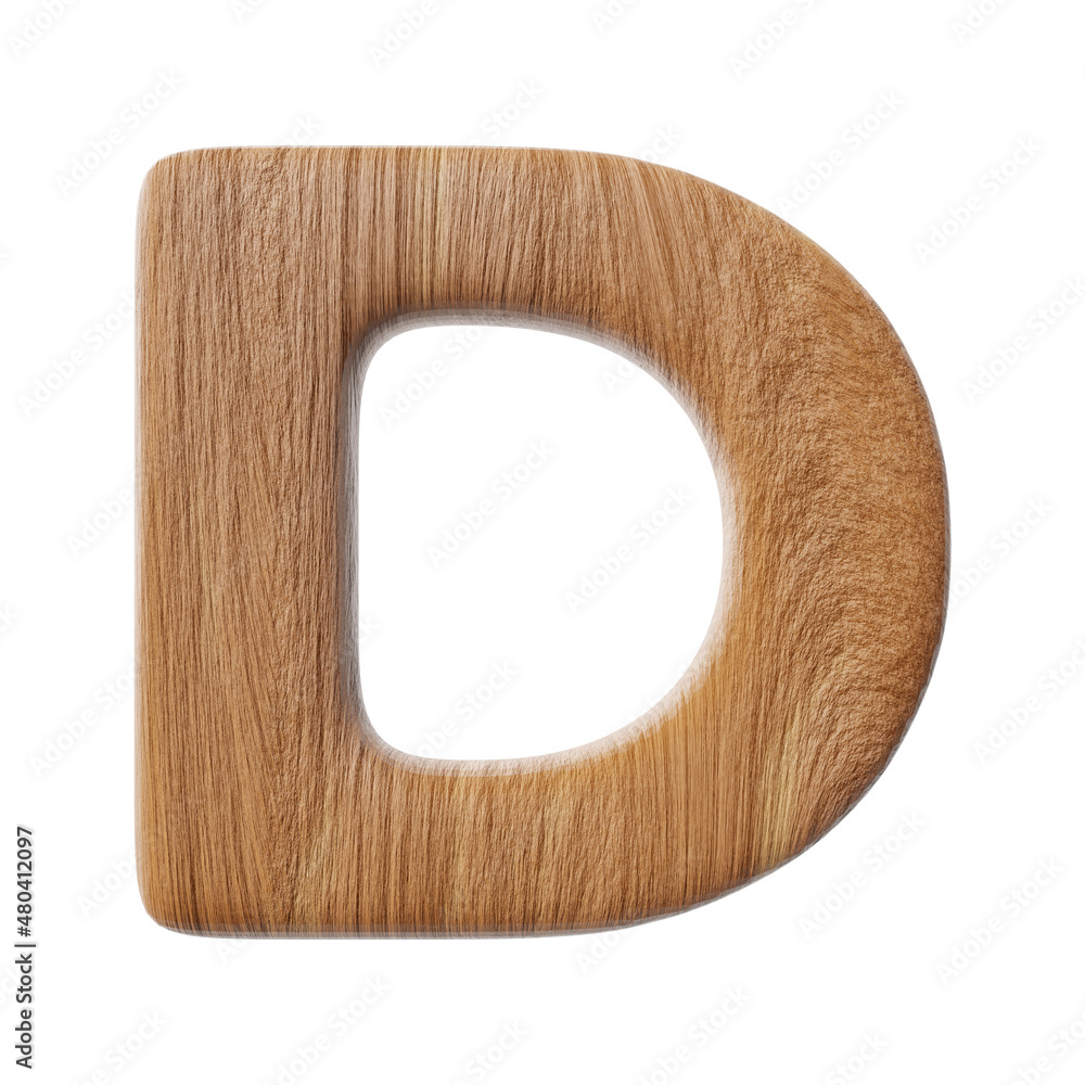 Wooden letter D on clean white background isolated wood bark letters 3D render Wooden letter D on clean white background isolated wood bark letters 3D render