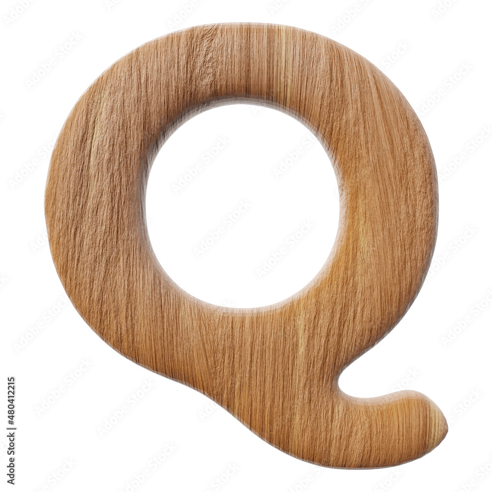 Wooden letter Q on clean white background isolated wood bark letters 3D render Wooden letter Q on clean white background isolated wood bark letters 3D render