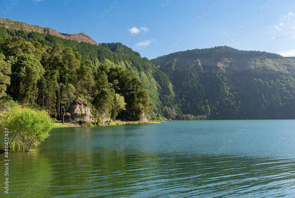 Lagoa Verde, Sete Cidades on the island of Sao Miguel. Azores, Portugal.